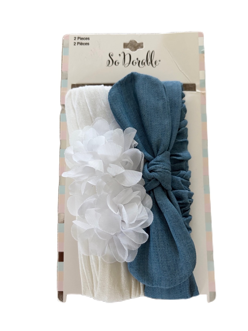 So Adorable Girls 2 PC Headbands White Flower & Blue Knot Set